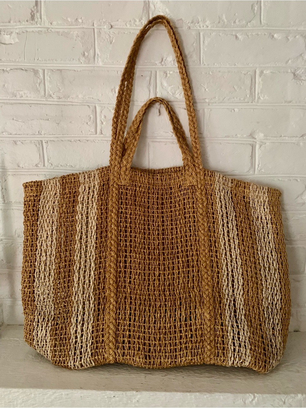 NEW Madewell Tan/Beige Woven Market Tote Bag Rectangle Top Handles Women Handbag - Picture 2 of 6